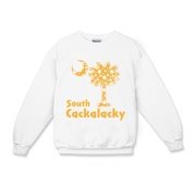 Yellow Polka Dots South Cackalacky Palmetto Moon Kids Crewneck Sweatshirt features a Polka Dot South Carolina palmetto moon logo in yellow.