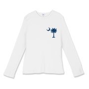 South Carolina Outline Women's Fitted Baby Rib Long Sleeve Tee with an outline of the state of South Carolina and the popular Palmetto Moon logo on the back and a blue palmetto moon on the front.