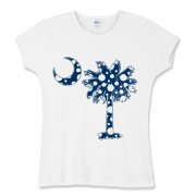 Blue Polka Dot Palmetto Moon Women's Fitted Baby Rib Tee features a blue palmetto moon with white polka dots and is a fun variation on the South Carolina flag palmetto logo.