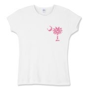 Pink Polka Dot Palmetto Moon Women's Fitted Baby Rib Tee features a small pink palmetto moon with white polka dots printed in the pocket area.