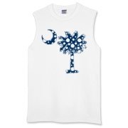 Blue Polka Dot Palmetto Moon Sleeveless T-Shirt features a blue palmetto moon with white polka dots and is a fun variation on the South Carolina flag palmetto logo.