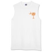 Orange Polka Dot Palmetto Moon Sleeveless T-Shirt features a small orange palmetto moon with white polka dots printed in the pocket area.