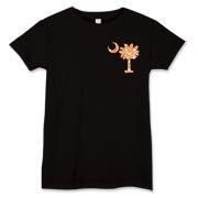 Orange Polka Dot Palmetto Moon Women's T-Shirt features a small orange palmetto moon with white polka dots printed in the pocket area.
