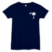 White South Cackalacky Palmetto Moon Women's T-Shirt features the South Carolina palmetto moon logo in white on the back and a smaller, matching palmetto moon on the front.