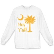 Say hello with the Yellow Hey Y'all Palmetto Moon Long Sleeve T-Shirt. It features the South Carolina palmetto moon.