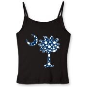 Buy a Blue Polka Dot Palmetto Moon Women's Fitted Spaghetti Strap Tank that features a blue palmetto moon with white polka dots.