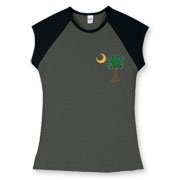 Buy a Christmas Palmetto Moon Women's Fitted Cap Sleeve Tee and have a Merry Christmas, South Carolina style. This version features a pocket sized version of the Christmas Tree Palmetto Moon.