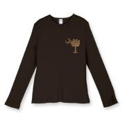 Buy a Chocolate Brown Palmetto Moon Women's Fitted Baby Rib Long Sleeve Tee featuring a smaller palmetto printed on the left chest area. The palmetto moon is a symbol of South Carolina pride.