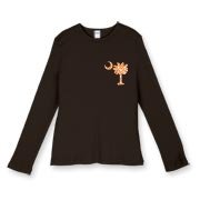 Buy an Orange Polka Dot Palmetto Moon Women's Fitted Baby Rib Long Sleeve Tee that features a orange palmetto moon with white polka dots printed smaller on the left chest area.
