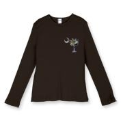 Buy an Earth and Moon Palmetto Women's Fitted Baby Rib Long Sleeve Tee featuring a smaller palmetto printed on the left chest area with a photo of the Earth and Moon in the background. The palmetto moon is a symbol of South Carolina pride.