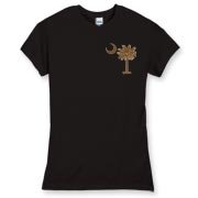 Buy a Chocolate Brown Palmetto Moon Women's Fitted Fine Jersey Tee featuring a smaller palmetto printed on the left chest area. The palmetto moon is a symbol of South Carolina pride.