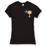 Buy an Orange Polka Dot Palmetto Moon Women's Fitted Fine Jersey Tee that features a orange palmetto moon with white polka dots printed smaller on the left chest area.