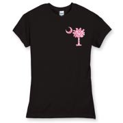 Buy a Pink Polka Dot Palmetto Moon Women's Fitted Fine Jersey Tee that features a pink palmetto moon with white polka dots printed smaller on the left chest area.