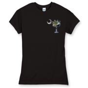 Buy an Earth and Moon Palmetto Women's Fitted Fine Jersey Tee featuring a smaller palmetto printed on the left chest area with a photo of the Earth and Moon in the background. The palmetto moon is a symbol of South Carolina pride.
