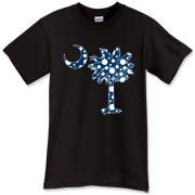 Blue Polka Dot Palmetto Moon T-Shirt features a blue palmetto moon with white polka dots and is a fun variation on the South Carolina flag palmetto logo.