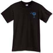 South Carolina Outline T-Shirt with an outline of the state of South Carolina and the popular Palmetto Moon logo on the back and a blue palmetto moon on the front.
