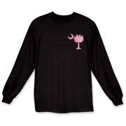Pink Polka Dot Palmetto Moon Long Sleeve T-Shirt features a small pink palmetto moon with white polka dots printed in the pocket area.