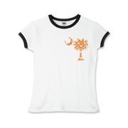 Orange Polka Dot Palmetto Moon Girls Ringer T-Shirt features a small orange palmetto moon with white polka dots printed in the pocket area.