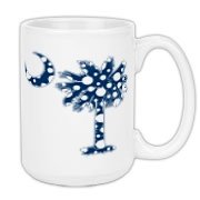Blue Polka Dot Palmetto Moon Large Coffee Mug features a blue palmetto moon with white polka dots and is a fun variation on the South Carolina flag palmetto logo.