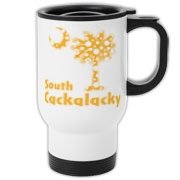 Yellow Polka Dots South Cackalacky Palmetto Moon Travel Mug features a Polka Dot South Carolina palmetto moon logo in yellow.