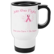 Join the fight against breast cancer in South Carolina! Show you care and be aware with a Join the Fight Pink Ribbon Palmetto Moon Travel Mug. Proceeds from Pink Ribbon Palmetto Moon Join the Fight products donated to help find a cure.
