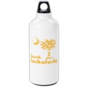 Yellow Polka Dots South Cackalacky Palmetto Moon Aluminum Water Bottle features a Polka Dot South Carolina palmetto moon logo in yellow.