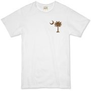Buy a Chocolate Brown Palmetto Moon Organic T-Shirt featuring a smaller palmetto printed on the left chest area. The palmetto moon is a symbol of South Carolina pride.