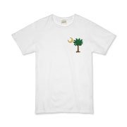 Celebrate a Palmetto Christmas in South Carolina with a Christmas Palmetto Moon T-Shirt, Sweatshirt, or other apparel item. This version features a pocket sized version of the Christmas Tree Palmetto.