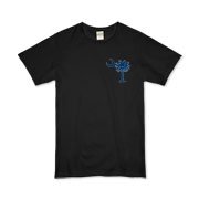 South Carolina Outline Organic Kids T-Shirt with an outline of the state of South Carolina and the popular Palmetto Moon logo on the back and a blue palmetto moon on the front.
