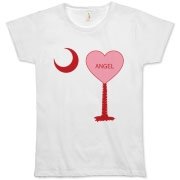 A Candy Heart Palmetto Moon for an Angel! Perfect for Valentine's Day, it features a pink candy heart on the South Carolina Palmetto Moon with Angel.