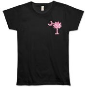 Pink Polka Dot Palmetto Moon Organic Women's T-Shirt features a small pink palmetto moon with white polka dots printed in the pocket area.