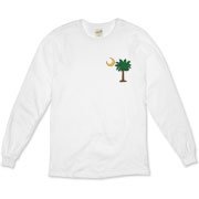 Celebrate a Palmetto Christmas in South Carolina with a Christmas Palmetto Moon T-Shirt, Sweatshirt, or other apparel item. This version features a pocket sized version of the Christmas Tree Palmetto.