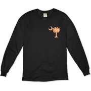 Orange Polka Dot Palmetto Moon Organic Long Sleeve T-Shirt features a small orange palmetto moon with white polka dots printed in the pocket area.