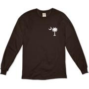 White South Cackalacky Palmetto Moon Organic Long Sleeve T-Shirt features the South Carolina palmetto moon logo in white on the back and a smaller, matching palmetto moon on the front.
