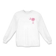 Pink Polka Dot Palmetto Moon Kids Long Sleeve T-Shirt features a small pink palmetto moon with white polka dots printed in the pocket area.