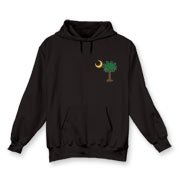 Buy a Christmas Palmetto Moon Hooded Sweatshirt and have a Merry Christmas, South Carolina style. This version features a pocket sized version of the Christmas Tree Palmetto Moon.