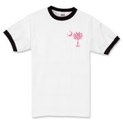 Pink Polka Dot Palmetto Moon Ringer T-Shirt features a small pink palmetto moon with white polka dots printed in the pocket area.