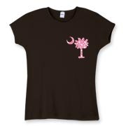Buy a Pink Polka Dot Palmetto Moon Women's Fitted Baby Rib Tee that features a pink palmetto moon with white polka dots printed smaller on the left chest area.