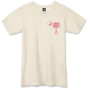 Buy a Pink Polka Dot Palmetto Moon Alternative Apparel Destroyed T-Shirt that features a pink palmetto moon with white polka dots printed smaller on the left chest area.