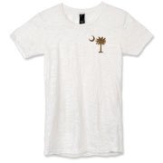 Buy a Chocolate Brown Palmetto Moon Alternative Apparel Women's Burnout T-Shirt featuring a smaller palmetto printed on the left chest area. The palmetto moon is a symbol of South Carolina pride.