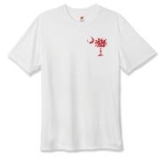 Get a White Heart Pattern Palmetto Moon Hanes Cool Dri T-shirt for your sweetheart this Valentine's Day! Featuring the a smaller pocket sized version of the South Carolina Palmetto Moon with a white heart pattern printed smaller on the left chest area.
