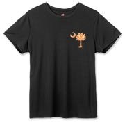 Buy an Orange Polka Dot Palmetto Moon Hanes Women's Cool Dri T-shirt that features a orange palmetto moon with white polka dots printed smaller on the left chest area.