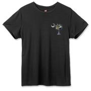 Buy an Earth and Moon Palmetto Hanes Women's Cool Dri T-shirt featuring a smaller palmetto printed on the left chest area with a photo of the Earth and Moon in the background. The palmetto moon is a symbol of South Carolina pride.