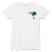 Celebrate a Palmetto Christmas in South Carolina with a Christmas Palmetto Moon T-Shirt, Sweatshirt, or other apparel item. This version features a pocket sized version of the Christmas Tree Palmetto.
