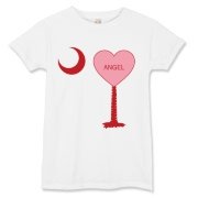 A Candy Heart Palmetto Moon for an Angel! Perfect for Valentine's Day, it features a pink candy heart on the South Carolina Palmetto Moon with Angel.