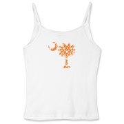Orange Polka Dot Palmetto Moon Women's Fitted Spaghetti Strap Tank features a small orange palmetto moon with white polka dots printed in the pocket area.