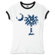Blue Polka Dot Palmetto Moon Women's Fitted Ringer Tee features a blue palmetto moon with white polka dots and is a fun variation on the South Carolina flag palmetto logo.