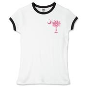 Pink Polka Dot Palmetto Moon Women's Fitted Ringer Tee features a small pink palmetto moon with white polka dots printed in the pocket area.