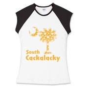 Yellow Polka Dots South Cackalacky Palmetto Moon Women's Fitted Cap Sleeve Tee features a Polka Dot South Carolina palmetto moon logo in yellow.