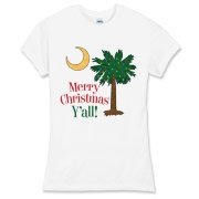Merry Christmas Y'all Palmetto Moon shirts, apparel and gifts. Celebrate Christmas in South Carolina with this festive design.